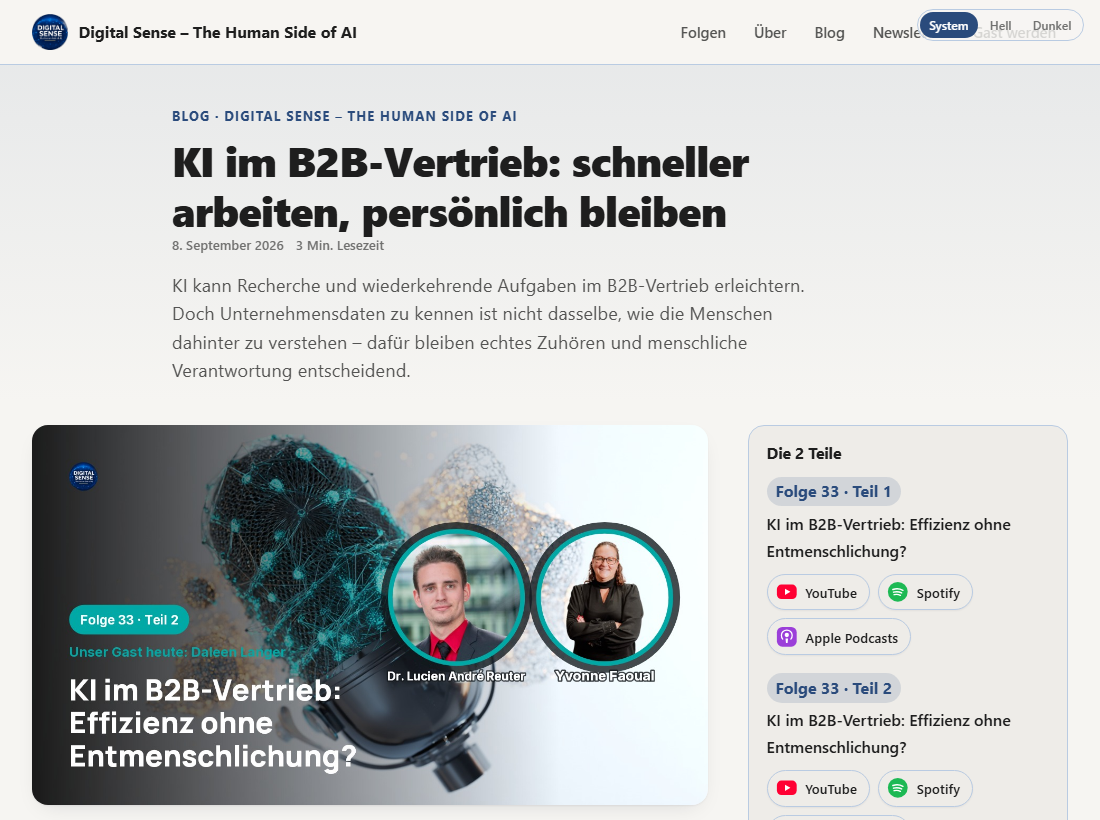 Veröffentlichter Digital-Sense-Blogartikel: KI im B2B-Vertrieb – schneller arbeiten, persönlich bleiben.