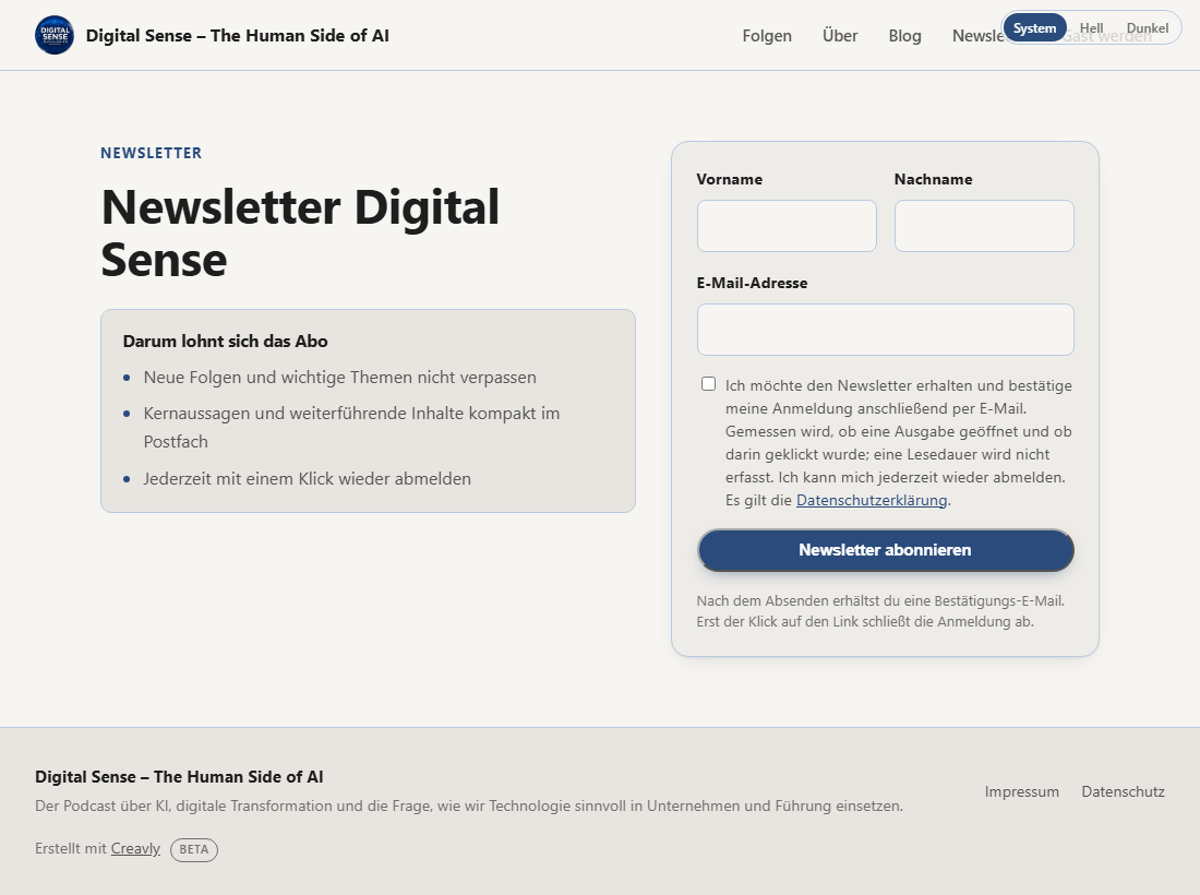 Öffentliche Newsletter-Anmeldung von Digital Sense mit Formular und Hinweis zur Bestätigung per E-Mail.