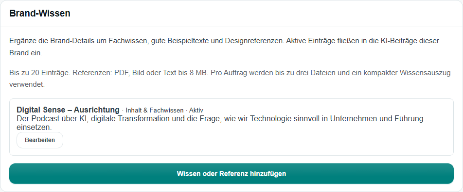 Brand-Wissen in Creavly mit einem aktiven Eintrag zur öffentlich beschriebenen Ausrichtung von Digital Sense.