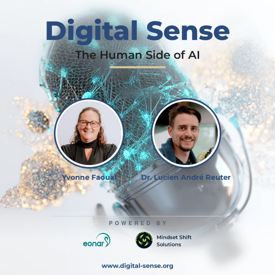 Titelbild von „Digital Sense — The Human Side of AI" mit den Hosts Yvonne Faoual und Dr. Lucien André Reuter