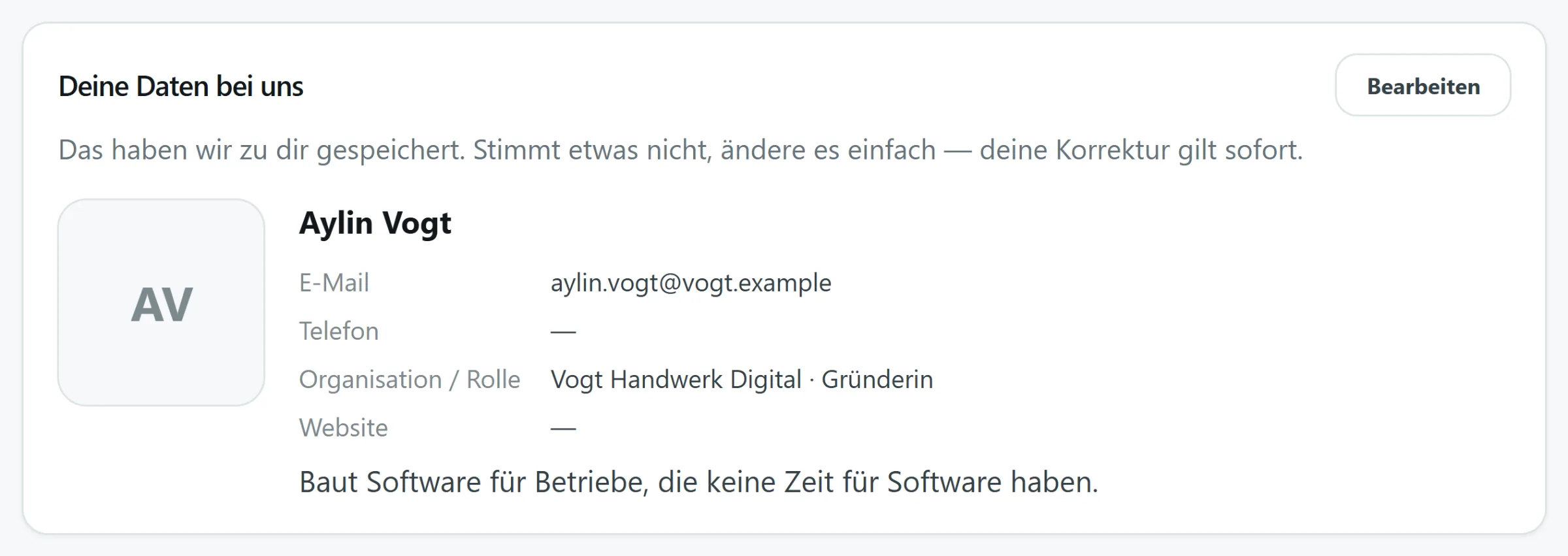 Der Abschnitt „Deine Daten bei uns" im Gastbereich: Name, E-Mail, Telefon, Organisation, Rolle und Website mit einem Bearbeiten-Knopf daneben.