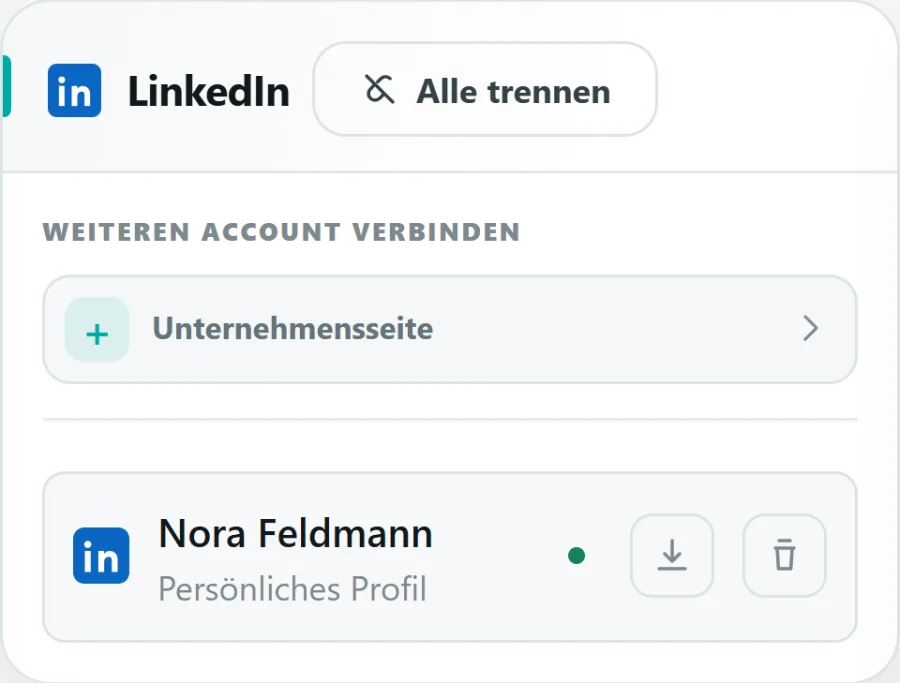 Die Liste der verbindbaren Kanäle in den Einstellungen: LinkedIn, Facebook, Instagram, YouTube, X und TikTok mit ihrem jeweiligen Verbindungsstand.
