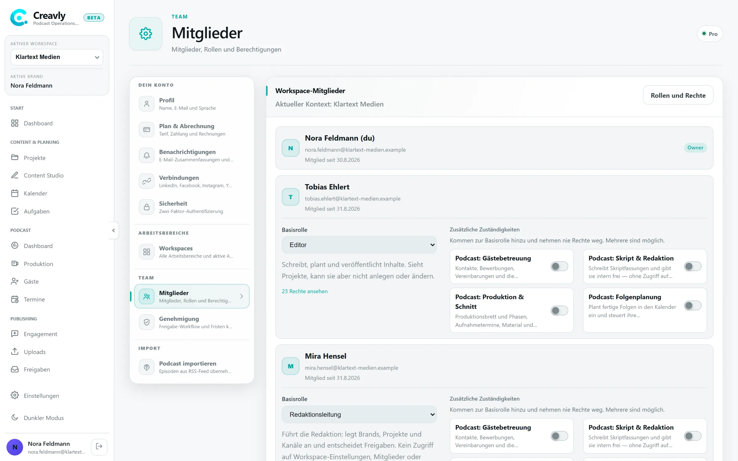 Die Mitgliederliste eines Workspace mit vier Personen, je mit Rolle, E-Mail-Adresse und dem Datum des Beitritts.