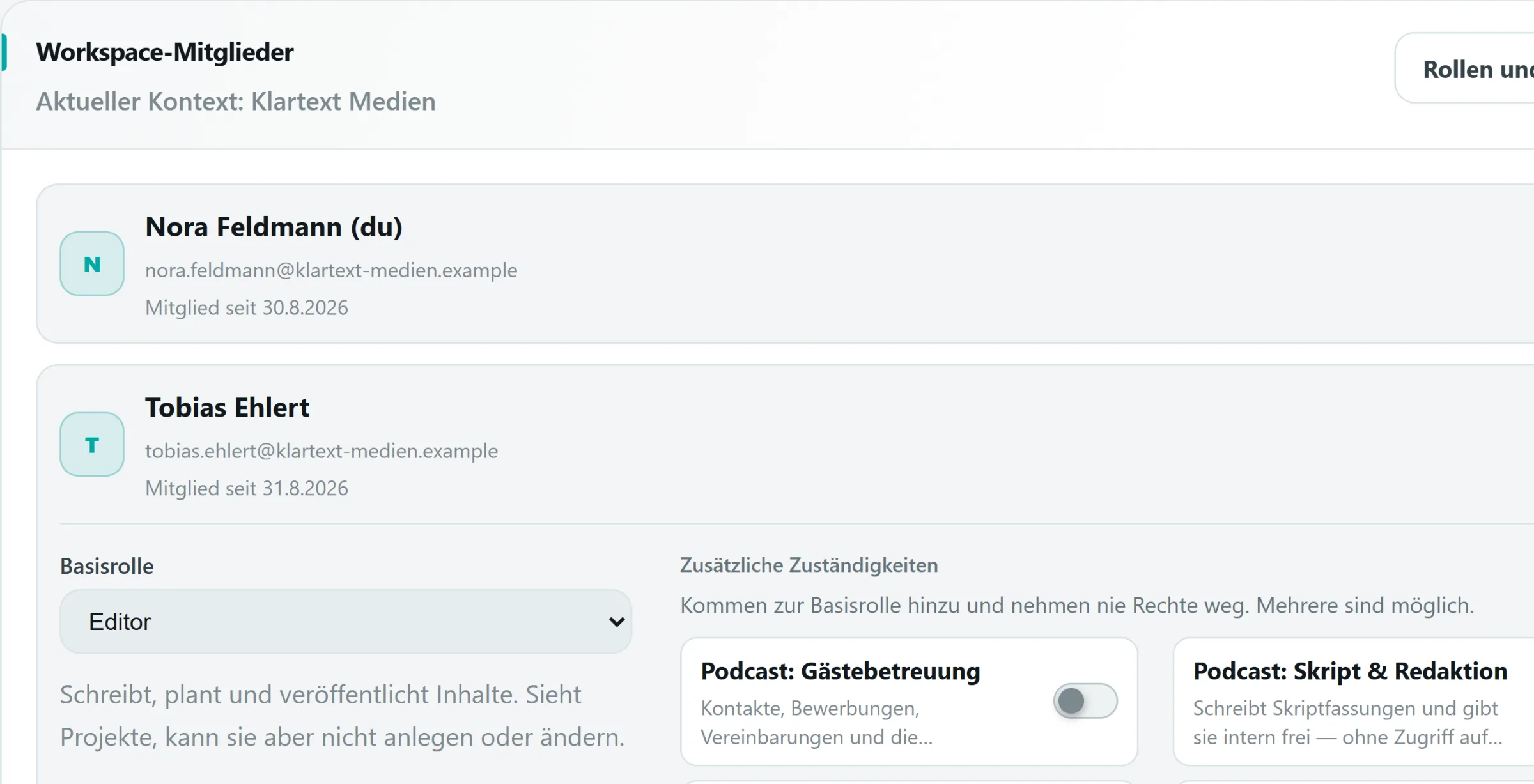 Ausschnitt der Mitgliederliste: eine Person mit Name, E-Mail und dem Datum des Beitritts, daneben der Knopf für Rollen und Berechtigungen.