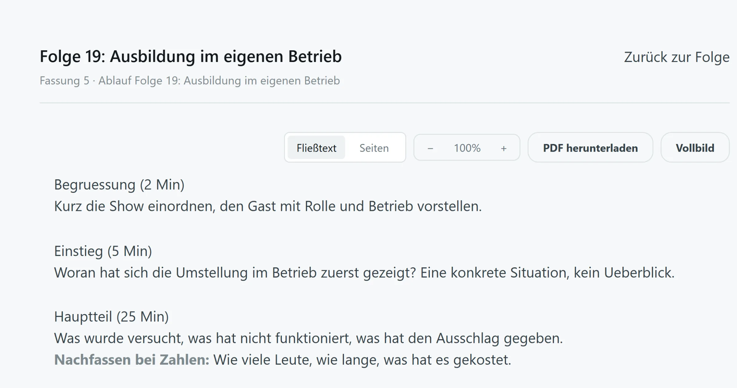 Produktaufnahme der Skript-Leseansicht im Demo-Podcast mit Fassung 5, Gesprächsabschnitten und PDF-Download.