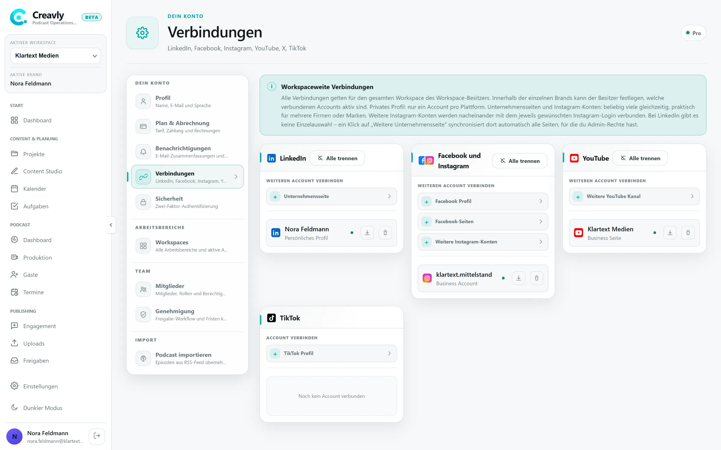 Der Bereich Verbindungen in den Einstellungen mit den Plattformen LinkedIn, Facebook, Instagram, YouTube, X und TikTok.