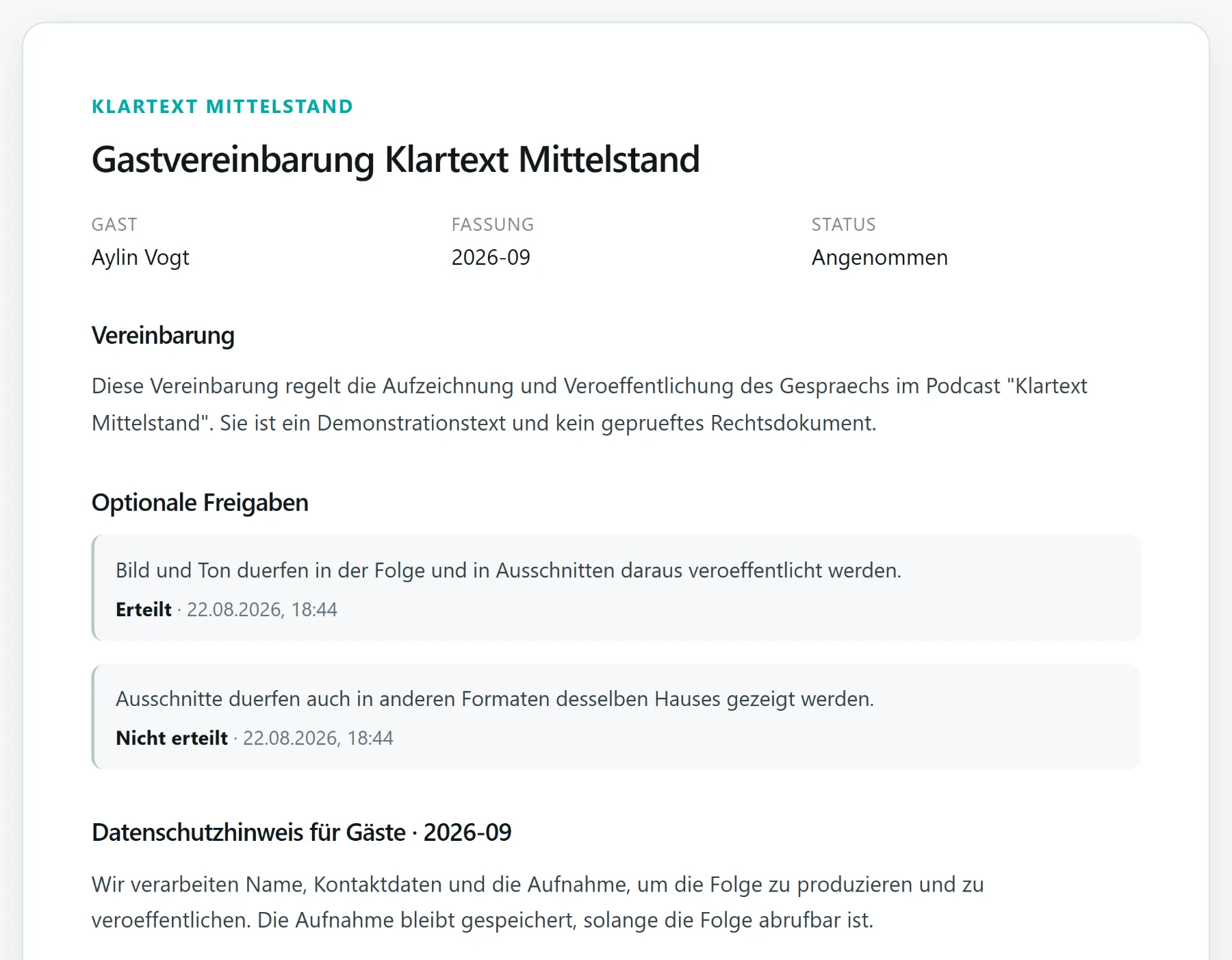 Gastvereinbarung mit Gast, Fassung und Status „Angenommen", darunter zwei optionale Freigaben — eine erteilt, eine nicht erteilt, beide mit Zeitpunkt.
